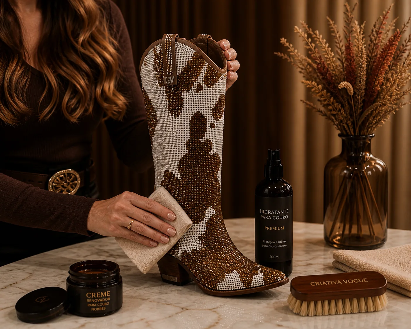 Kit de cuidados Criativa Vogue: hidratante para couro, creme renovador e escova